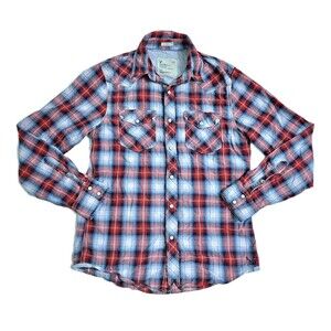 American Eagle Shirt Mens Small Red Blue Plaid Pearl Snap Western Vintage Fit AE